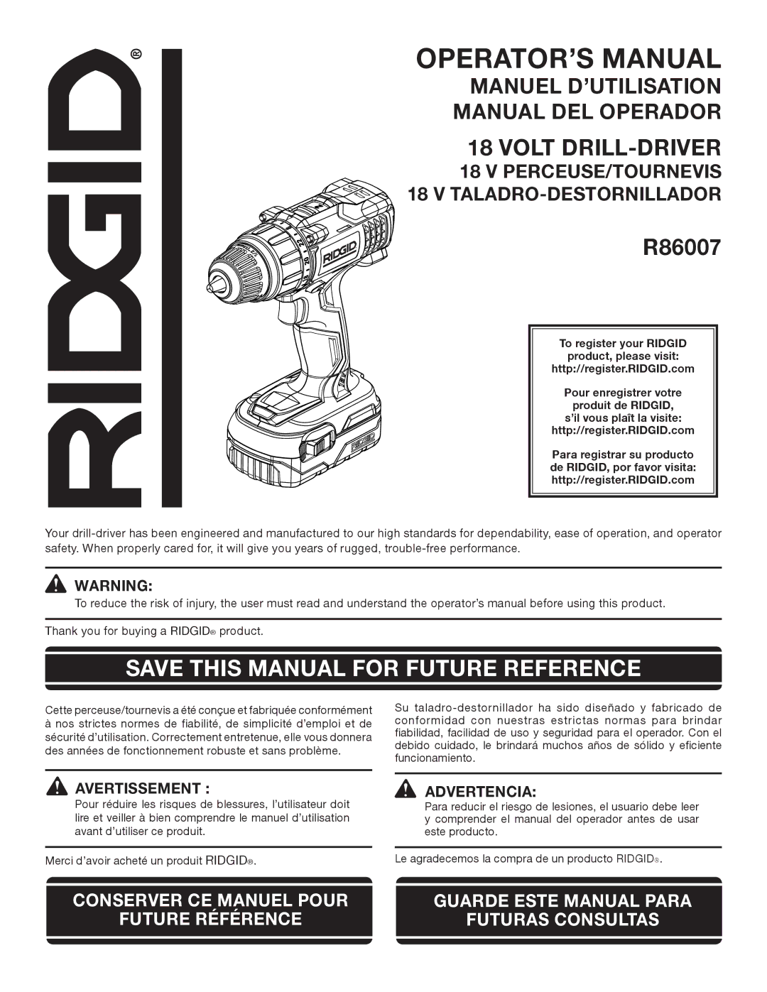 RIDGID R86007 manuel dutilisation Avertissement , Advertencia 